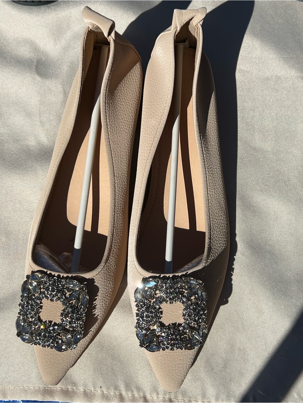 Elegant Women's Pointed Toe Flats with Crystal Buckle - Cream
